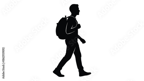 Silhouette of a hiker walking with a backpack against a white background