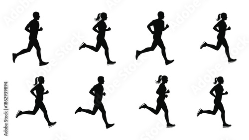 Silhouettes of people running in various poses a dynamic and active scene