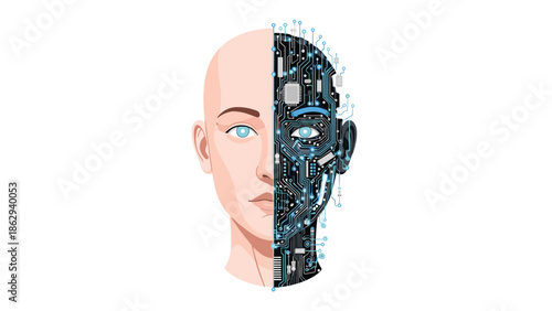 Striking illustration of a human head split between biological features and an intricate circuit board, symbolizing artificial intelligence and human-robot fusion.