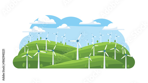 Serene landscape featuring numerous wind turbines on rolling green hills under a bright blue sky, symbolizing renewable energy, sustainability, and environmentalism.
