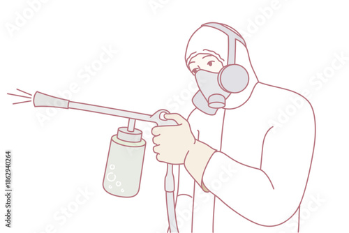 Disinfecting with protective gear, Thorough disinfectant application employing full safety gear, Systematic sterilization by personnel equipped with protective clothing and precise techniques