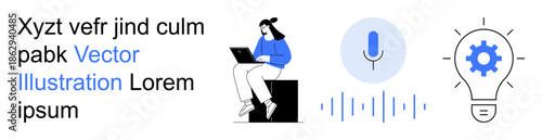 Digital communication, technology innovation, remote work, voice recognition, creative ideas, sound analysis. A person works on a laptop with adjacent tech icons. Digital communication and technology