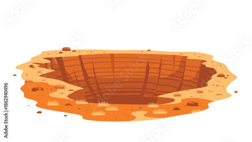 Detailed illustration of a deep desert pit or sinkhole in arid ground, showcasing geological features and the stark beauty of a natural landscape.