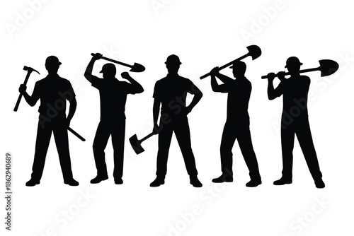 Silhouettes of workers with tools isolated on white background, Vector, illustration