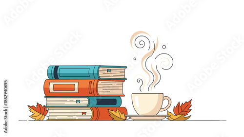 Cozy stack of books next to a steaming cup of coffee surrounded by colorful autumn leaves on a plain background for fall season themes.