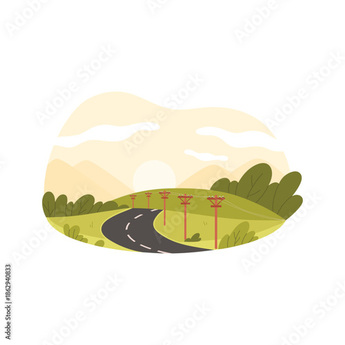 Rural countryside landscape, highway road with telegraph poles and power lines vector illustration