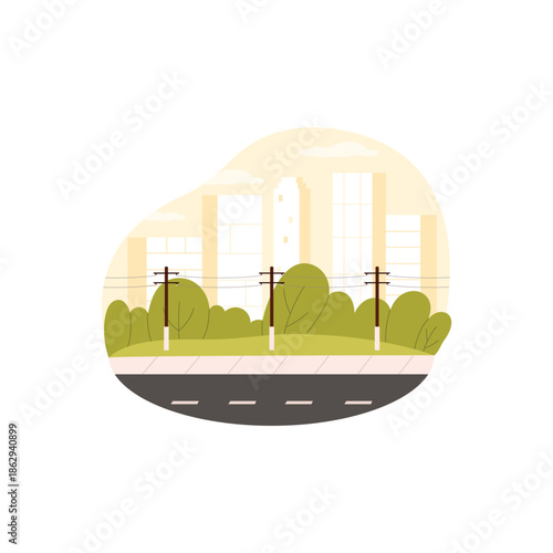 City road posts with wires for electricity energy transmission and distribution, skyscrapers on horizon vector illustration