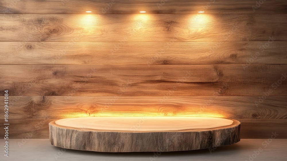Fototapeta premium A beautifully illuminated wooden display shelf with warm lighting, providing a natural and cozy aesthetic ideal for showcasing products in a retail or home setting.