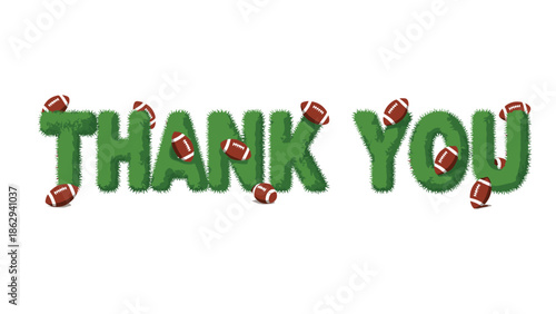 Creative "Thank You" message spelled out in lush green grass textured letters, adorned with scattered footballs, perfect for sports-related appreciation or events.