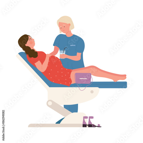 Pregnant woman lying in medical chair at gynecologists appointment in hospital vector illustration