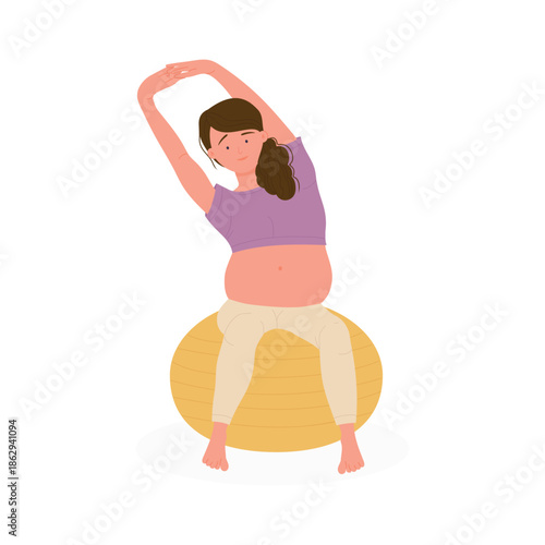 Sports training of happy active pregnant woman on ball in gym vector illustration