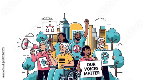 Diverse Group of People Protesting with Signs and Megaphone in City