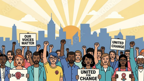 Diverse Crowd Protesting for United Change in City Skyline during Sunset