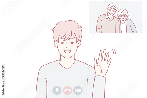 Family video call happiness, Happy family interacting through online video chat, Casual remote communication showcasing family members enjoying digital video interaction with call interface elements