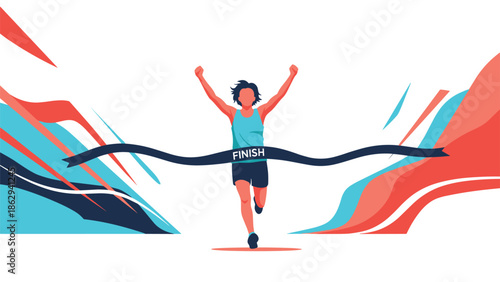 Athletic runner breaking through the finish line ribbon at the end of a race with abstract colorful waves representing speed and victory in competition.