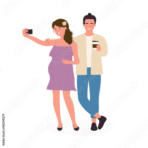 Happy husband and wife or young couple standing together to take selfie vector illustration
