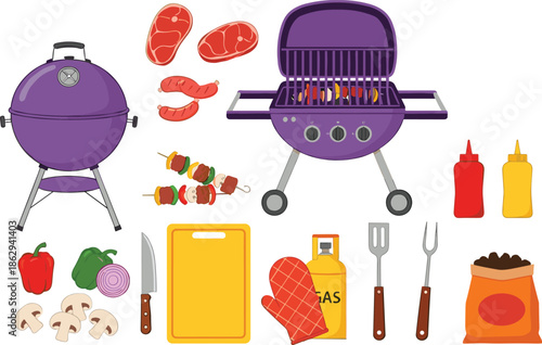 Purple barbecue grill set with meat, sausages, skewers, vegetables, sauces, and grilling tools illustration