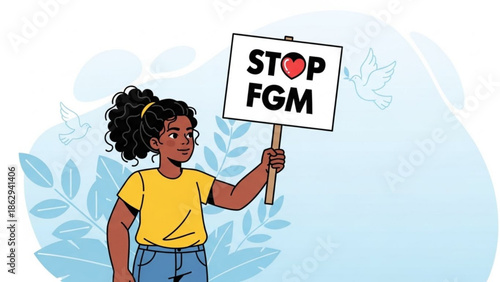Young Black Woman Holding Stop FGM Sign, Advocating Against Female Genital Mutilation, Vector Illustration