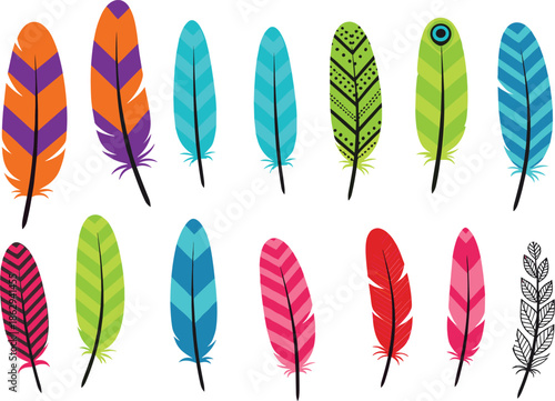 Colorful decorative feather collection in boho style featuring patterned tribal plumes for design, crafts, posters, and creative projects