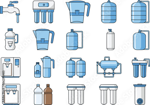 Water purification and filtration equipment icon set featuring pitchers, dispensers, bottles, tanks, faucets, and household filter systems