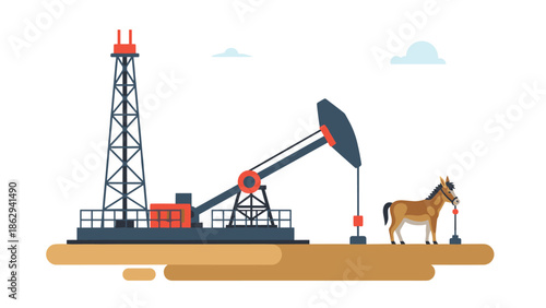 Rustic illustration depicting an old-fashioned oil pump and a donkey near an oil derrick, symbolizing the blend of traditional and modern energy extraction.