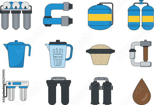 Water filtration system elements set with household pitchers, industrial tanks, pipes, cartridges, and clean water drop icons