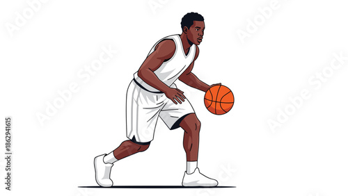 Dynamic illustration of an athletic male basketball player in a white uniform, confidently dribbling the ball, showcasing skill, sport, and competitive spirit.