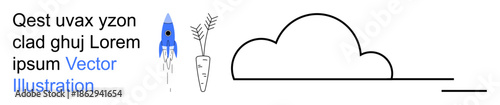 Space exploration, organic farming, minimalism, graphic design, education, text formatting. Blue rocket, carrot shape cloud outline and generic text. Space exploration and organic farming concepts