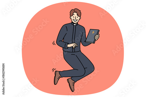 Joyful catholic priest jumps up with bible in hands, inviting you to temple for sunday worship. Happy priest man in religious clothes holding book with christian cross and looking at screen smiling