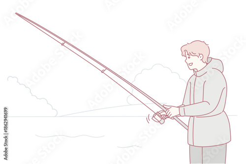 Tranquil lakeside angler enjoying serenity, Serene lakeside angler casting rod amidst gentle breezes and stillness, Restful fishing enthusiast by tranquil shore under soft winds and expansive horizon