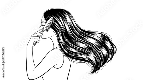 Vector illustration of a woman brushing long hair, beauty and hair care concept, elegant feminine style, smooth lines, modern flat design, light background, cosmetic branding friendly