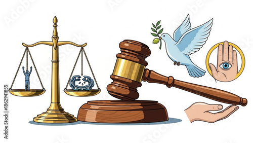 Judge Gavel with Scales of Justice and Dove of Peace Isolated on White