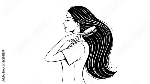 Vector illustration of a woman brushing long hair, beauty and hair care concept, elegant feminine style, smooth lines, modern flat design, light background, cosmetic branding friendly