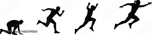 Athlete sprinting and jumping silhouettes sequence speed power motion sport fitness training illustration isolated on white background dynamic vector design