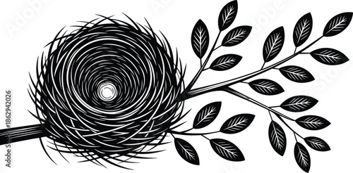 Bird nest with leafy branch silhouette nature illustration organic ecology concept isolated on white background botanical wildlife vector design