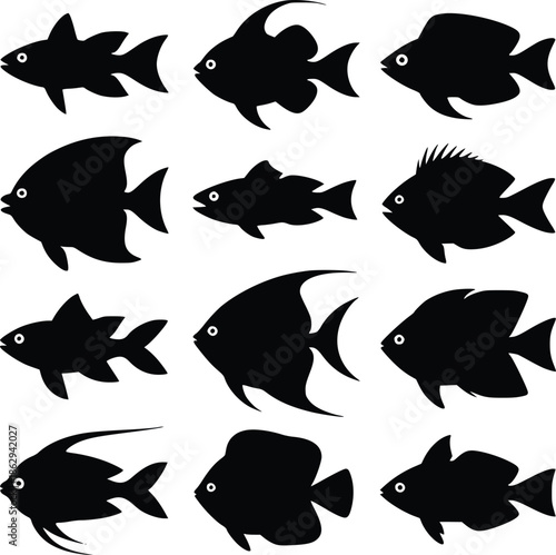A collection of diverse black silhouette fish shapes arranged in a grid pattern