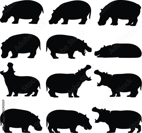 A collection of black silhouettes depicting hippopotamuses in various poses