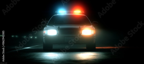 Old 70s police car at night road. City law enforcement. Generative AI technology.