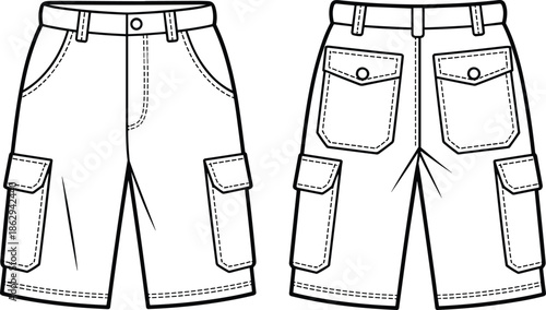 Cargo shorts technical fashion illustration showing front and back views with pocket details isolated on white background apparel design drawing