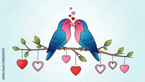 Couple Blue Birds Kissing on Branch with Hanging Hearts Illustration