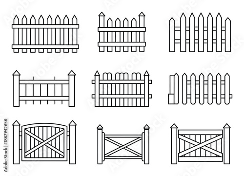 This showcases a variety of fence designs, depicted as clean, simple outlines, highlighting different patterns, picket styles, and fencing options for landscaping and design