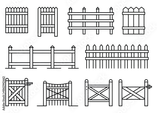 This illustration showcases a variety of fence designs with clean, simple outline style, highlighting different patterns, picket styles, and decorative fencing elements