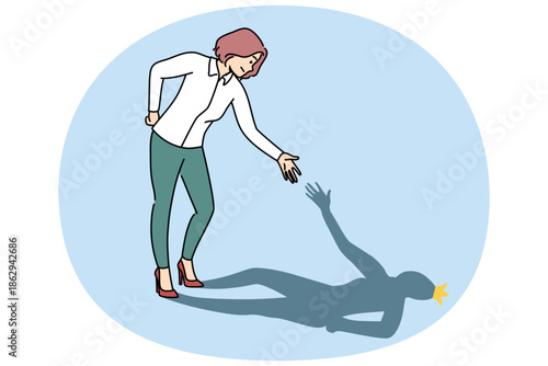 Business woman helps own shadow by demonstrating self-motivation and readiness to solve problems. Girl deals with troubles in business with resilience and restores self-confidence after failure.