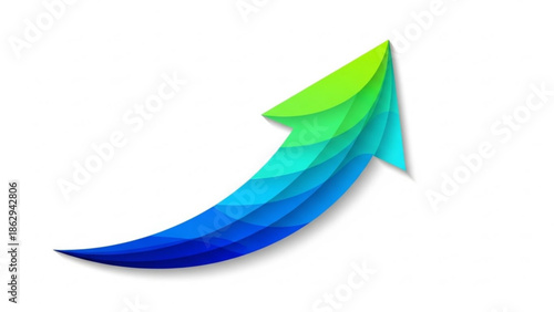 Abstract upward trending arrow graphic with layered color gradient from deep blue to bright green symbolizing growth progress success and positive development