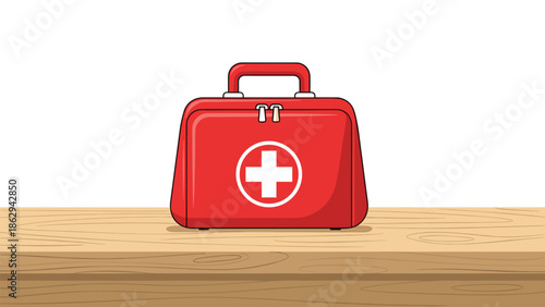 Vital red first aid kit with a clear white cross emblem, positioned on a light wooden surface, symbolizing readiness for any medical emergency.