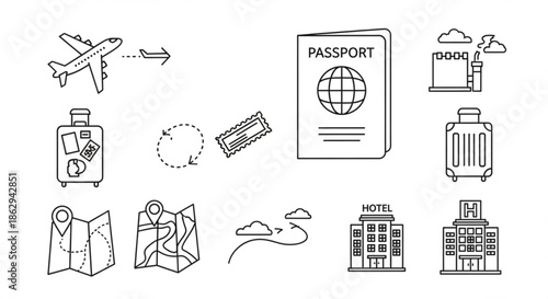 Collection of travel and tourism related icons including airplane, passport, suitcase, map, hotel, and ticket, representing journey and vacation symbols in a clean line