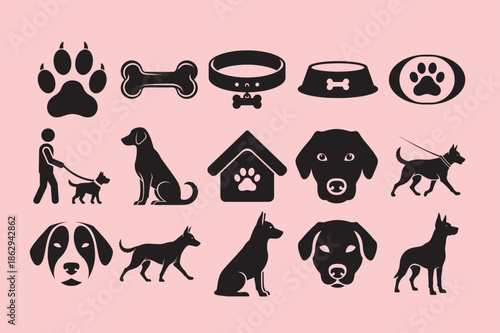 Collection of Various dog silhouette vector  and accessories