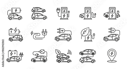 Collection of electric car icons symbolizing charging, battery power, eco friendly transportation, and smart mobility with a sleek modern outline style