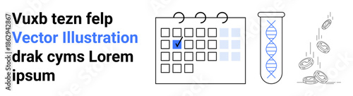 Genetics, scheduling, medical research, time management, healthcare visualization, biological process. Calendar with marked date, test tube with DNA and scattered coins. Genetics and scheduling