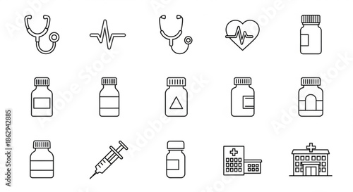 Collection of clean line art icons representing medical symbols including stethoscopes heartbeats syringes pills and hospital buildings for healthcare and medical concepts